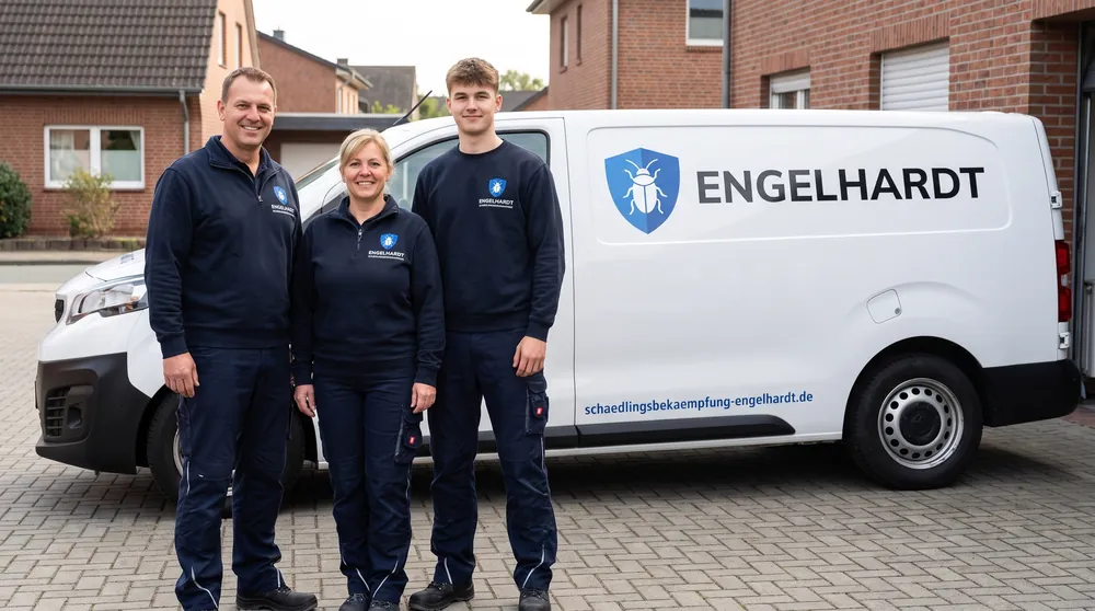 Das Team von Schädlingsbekämpfung Engelhardt – Familienbetrieb vor dem Firmenfahrzeug